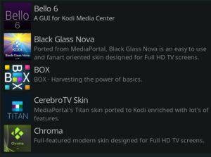 The skin selection menu