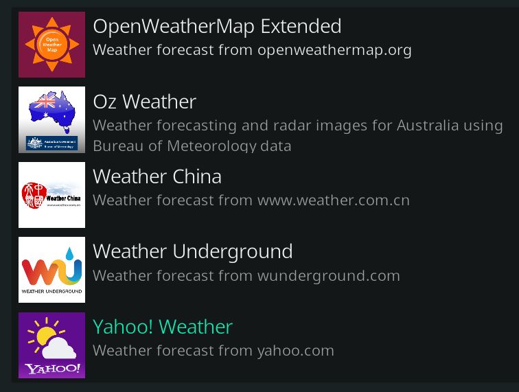 The weather service selection menu